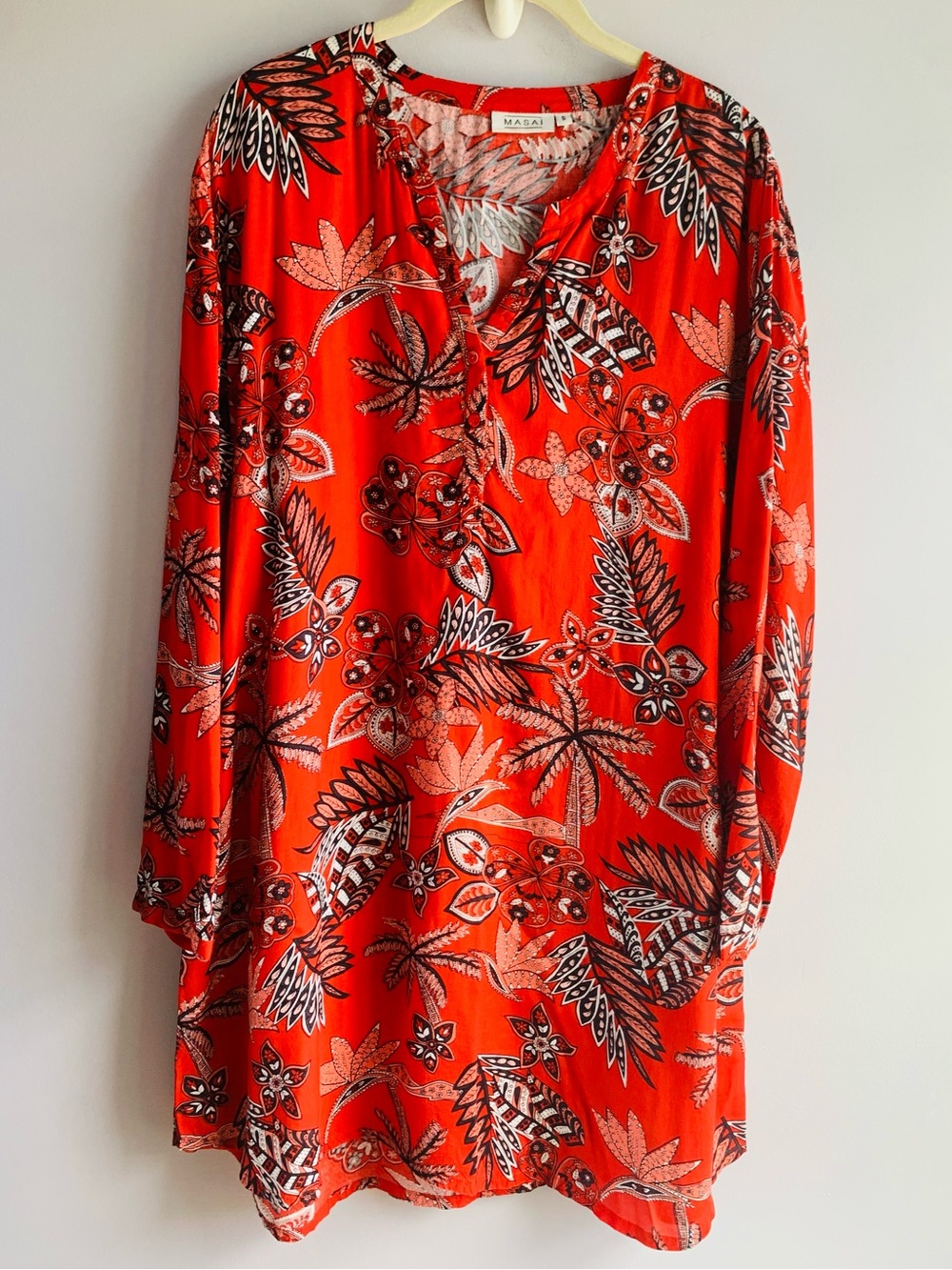 Masai Scarlet Tunic Cover Up Tropical Floral Paisley Vibrant Vacation EUC Small